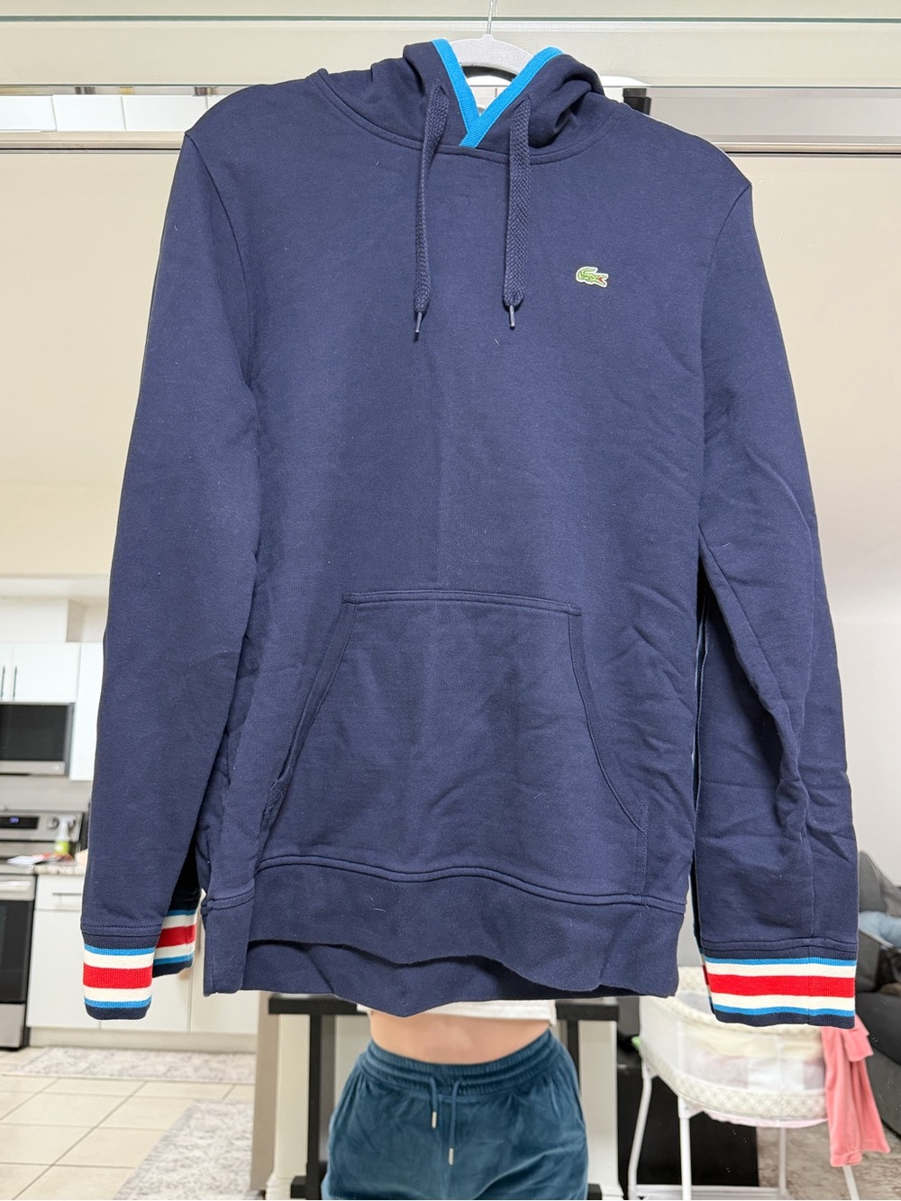 Lacoste Navy Hoodie with Red, White & Blue Striped Cuffs